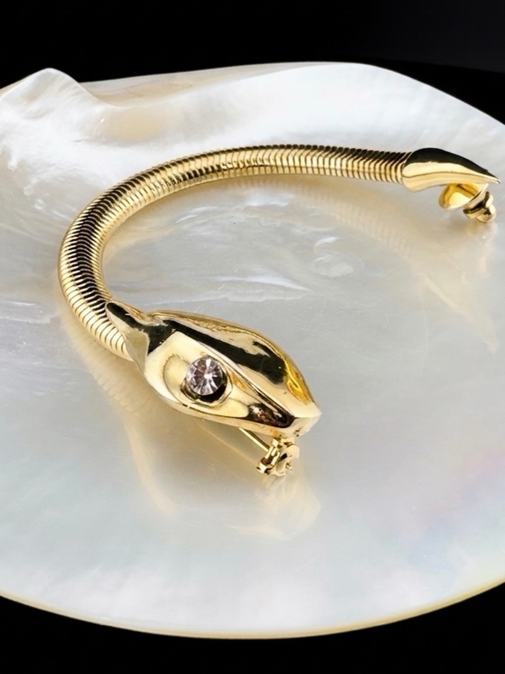 Vintage Tubogas Snake Brooch Gold-Tone Rhinestone Eye Serpent Lapel